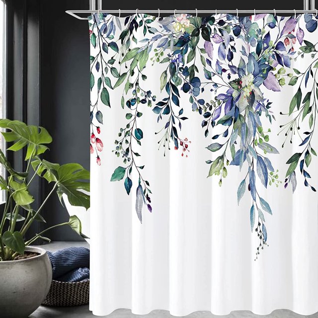 Cortina de ducha floral primaveral para baño, diseño de hojas de eucalipto verde acuarela con ganchos, tela de poliéster lavable y duradera, 182 x 182 cm