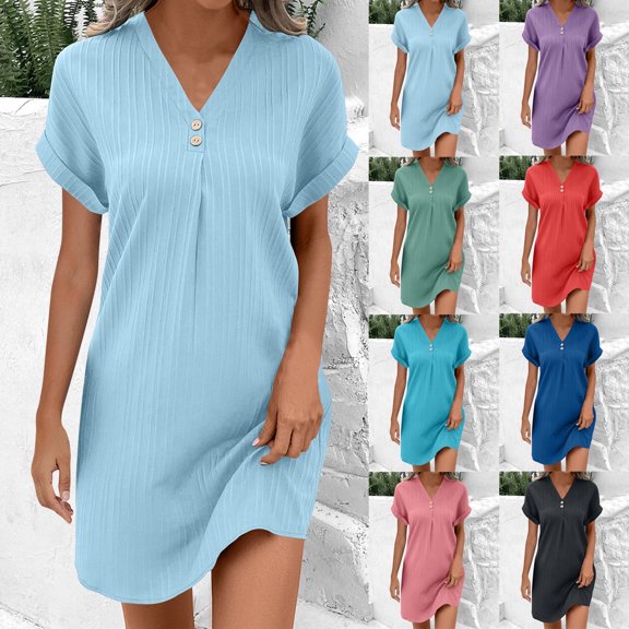 Juslio Womens Dress V-Neck Button Dresses, Casual Solid Color Loose Rolled Sleeve T-Shirt Dress