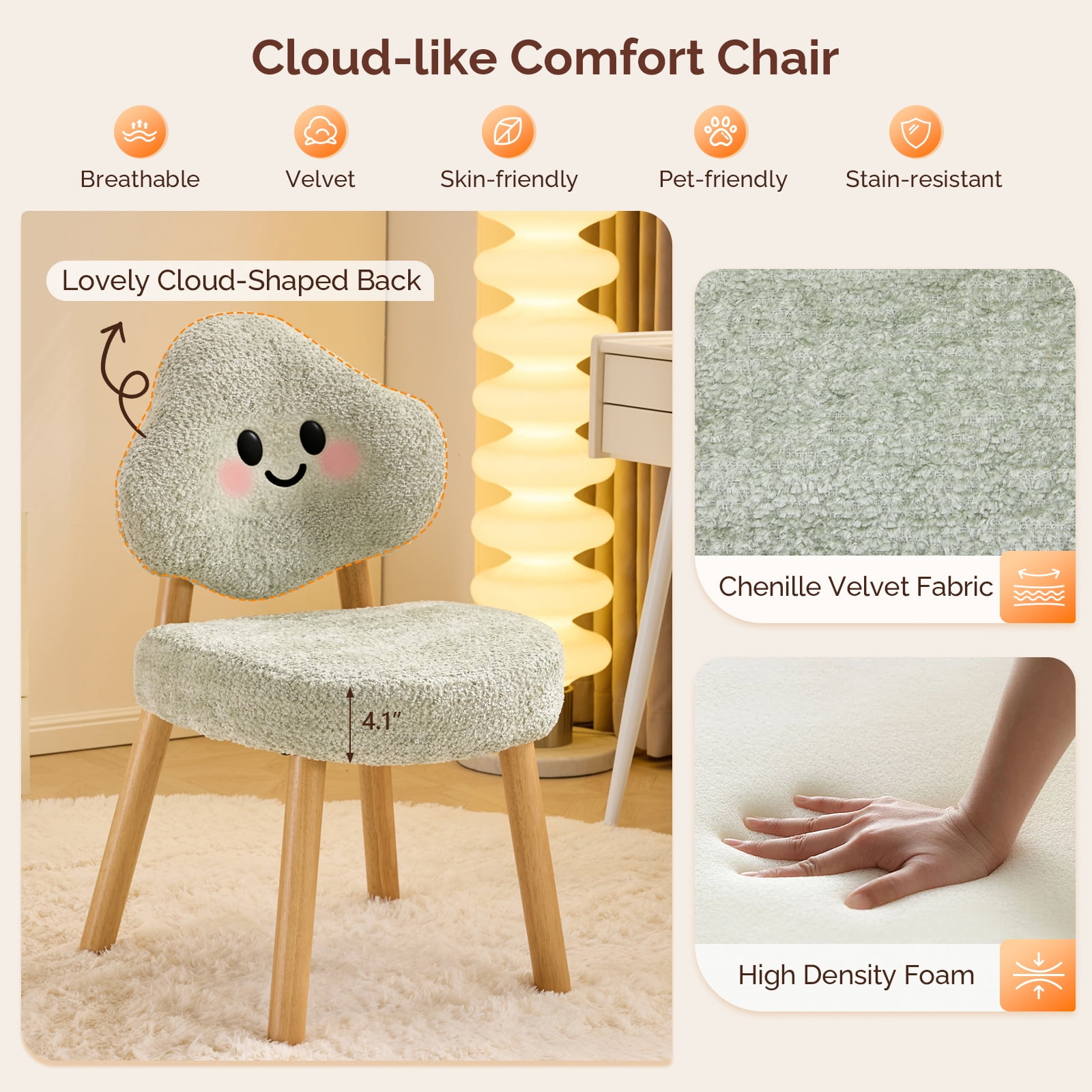 Ktaxon Blended Chenille Armless Vanity Chair Cloud Backrest Desk Chair, Rubber Wood Makeup Chair for Bedroom Living Room Office Reading Room Green
