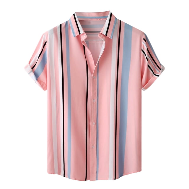 Camisas Hombre Camisas de un solo pecho de primavera y verano para hombre, camisa informal de manga corta con solapa para playa y vacaciones al libre (Pink, XL)
