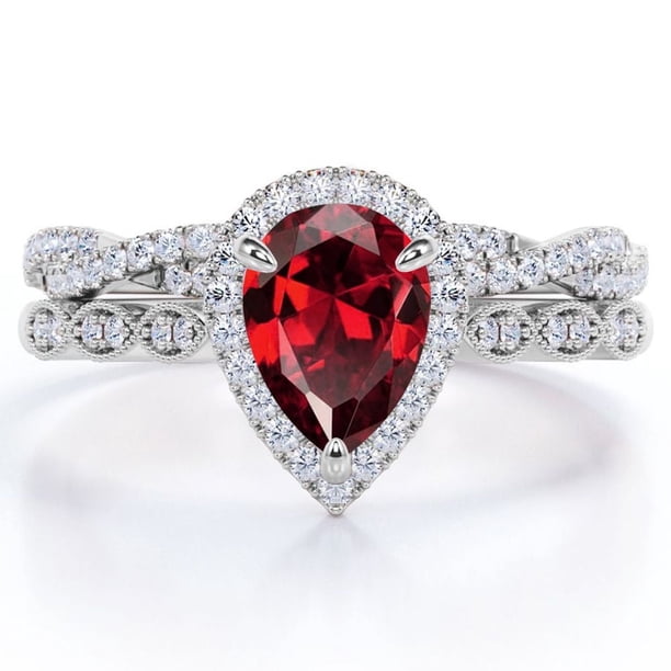 JeenMata Anillo de Compromiso Vintage de 1,5 Quilates con Piedra Natal de Enero en Talla Pera y Moissanita: Conjunto Nupcial con Halo Pavé en Oro Blanco de 18 K sobre Plata