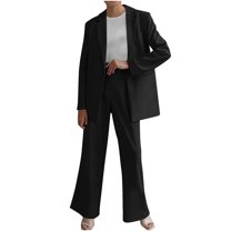 ZACPNCV Women's Solid Color Matching Long Sleeve Button Coat Trousers Suit Black
