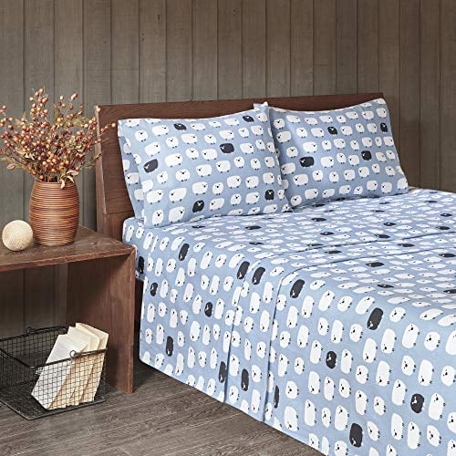 Woolrich 100% Cotton Flannel Ultra Soft Warm Cozy Cold Weather Winter Cute Animals Chic Printed Sheet Set Bedding, Cal King Size, Blue Sheep