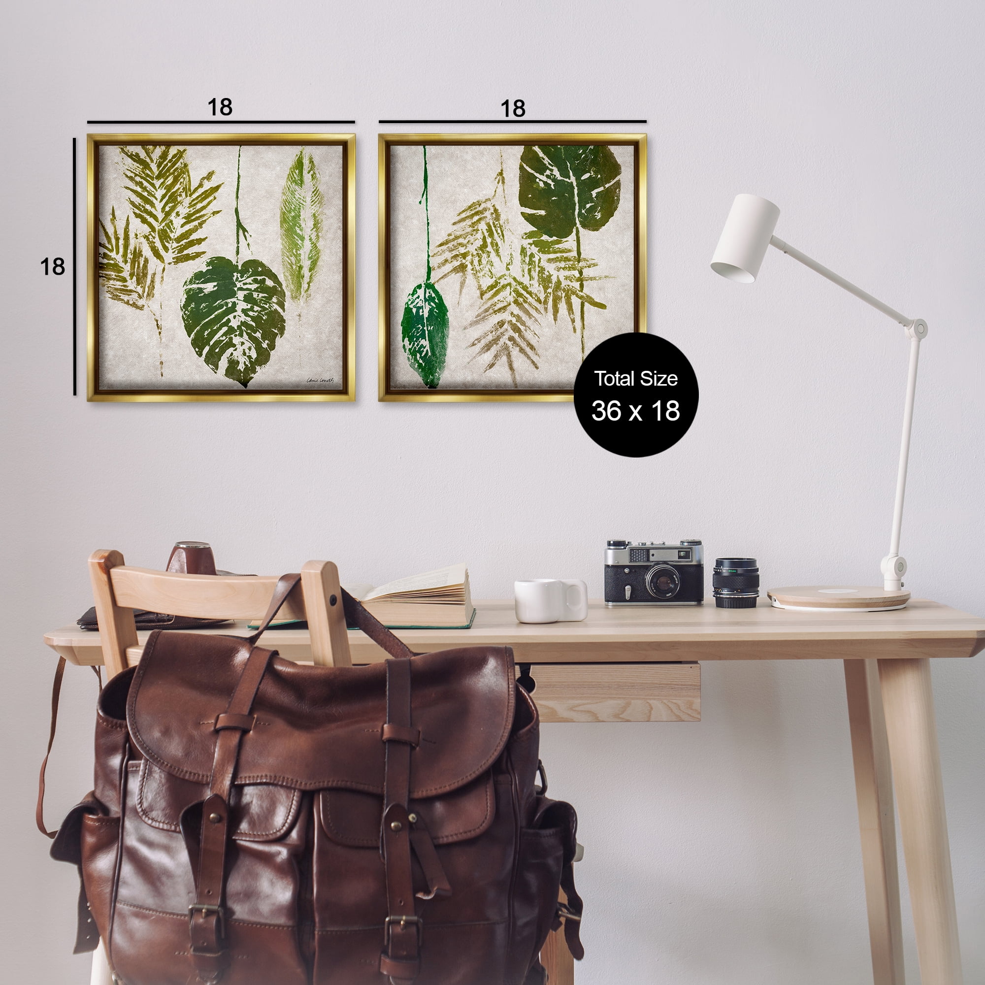 Stupell Industries Monstera Stamped Palm Leaves Plants & Flowers Painting Gold Floater Framed Canvas Art Print Wall Art, 18 x 18, Set of 2
