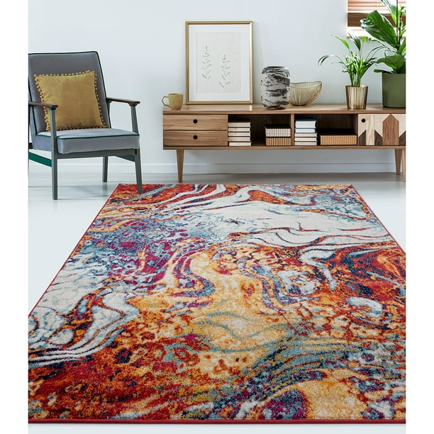 LR Home Kismat 8x10 Red Multi Color Abstract Collision Area Rug