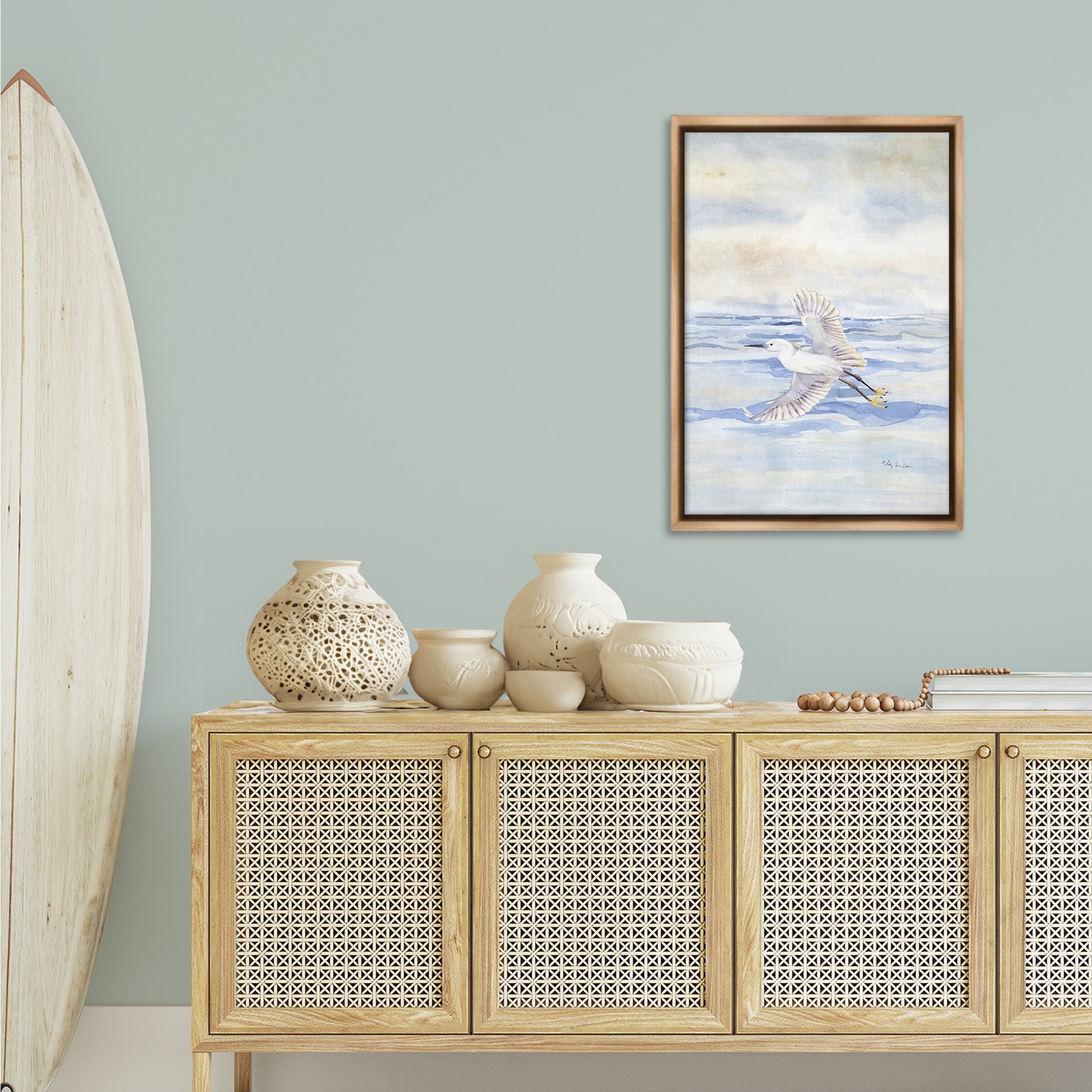 Stupell Industries Flying Heron Over Water Landscape Painting Brown Floater Framed Canvas Art Print Wall Art, 21 x 31