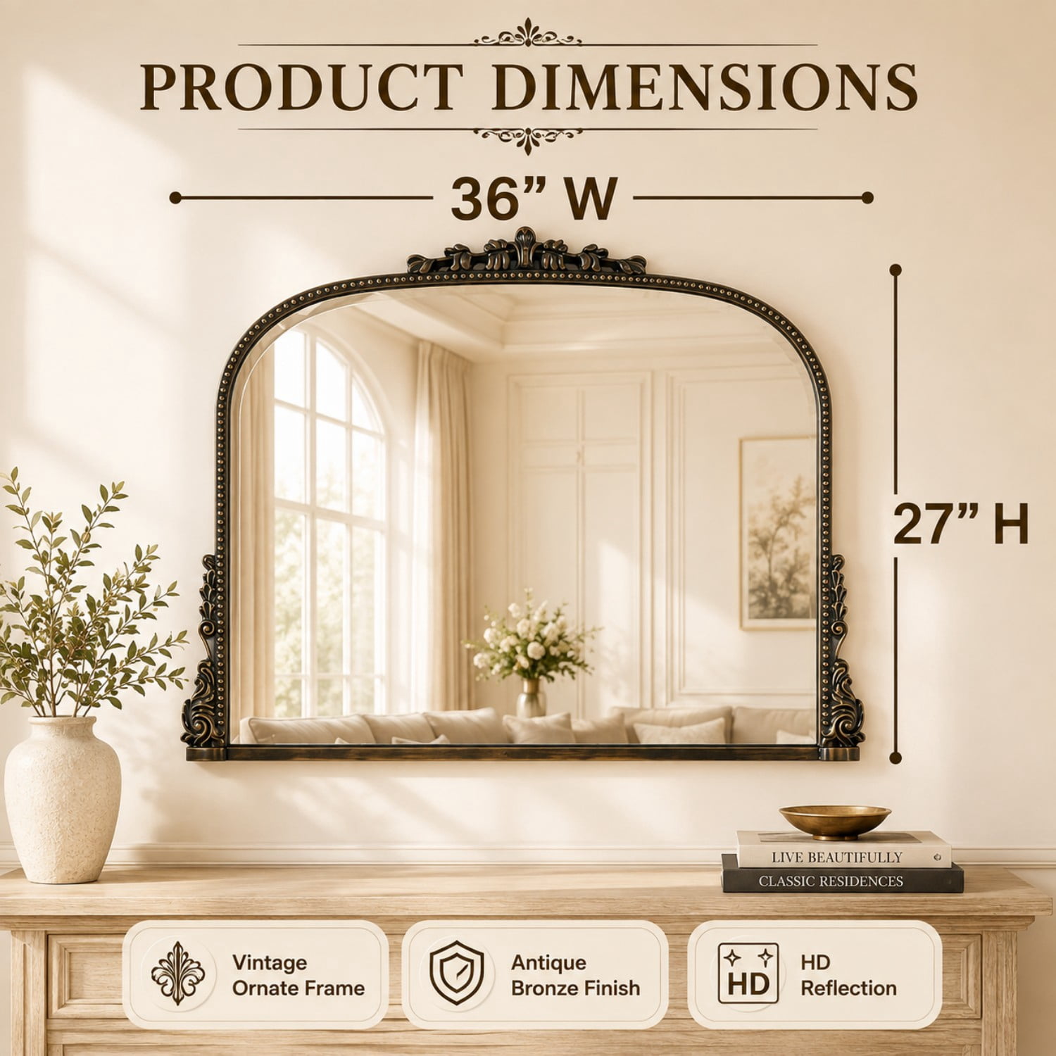 BEAUTYPEAK 36"x27" Vintage Bathroom Mirror Baroque Style Decorative Vanity Mirror Wall Mounted, Antique Bronze