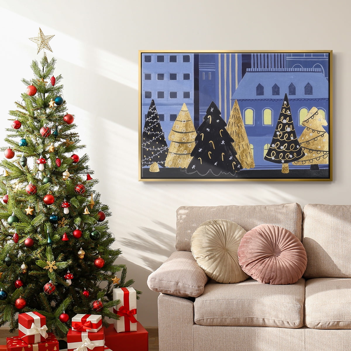 Holiday Night Collection A - Framed Gallery Wrapped Holiday Canvas - 25 x 37 - Gold Frame
