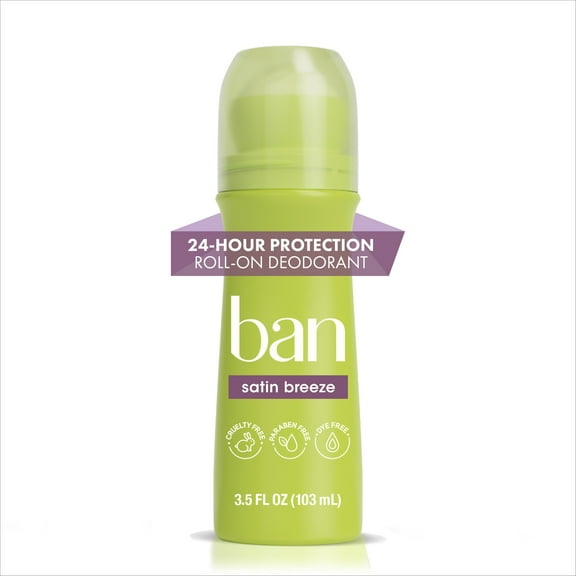 Ban Antiperspirant Deodorant Invisible Roll-On for Women and Men, Satin Breeze, 3.5 oz