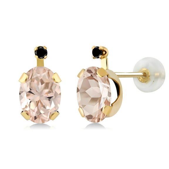 Gem Stone King 14K Yellow Gold Peach Morganite and Black Diamond Earrings for Women (1.31 Cttw, Gemstone October Birthstone, Oval 7X5MM)