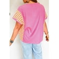 thumbnail image 2 of Women's Bright Pink Waffle Knit T-Shirt – Casual Short Sleeve with Striped Patchwork, XL, 2 of 5