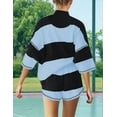 thumbnail image 4 of Women Striped Workout Set Two Piece Outfit Tracksuit Oversized Lounge Set Top and Shorts Sets with Pockets Black & Blue XXL, 4 of 7
