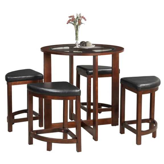 Roundhill Furniture Cylina Solid Wood Glass Top Round Counter Height Table Set