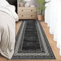 Garvee 2'x6' Washable Runner Rug Modern Bordered Rug Floral Rug Non Slip Bedroom Runner for Laundry Room Kitchen, Black