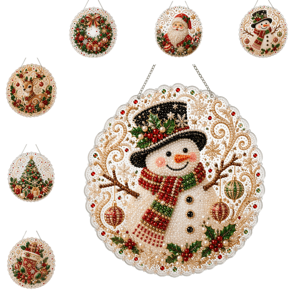 Christmas Pearl Diamond Painting Suncatcher Kit, DIY Pearl Bead Art Hanging Ornament Set, Pre-Assembled Metal Chain, Lace Edge Round Acrylic Board with 3D Mixed-Sized Pearl Beads 1pc E