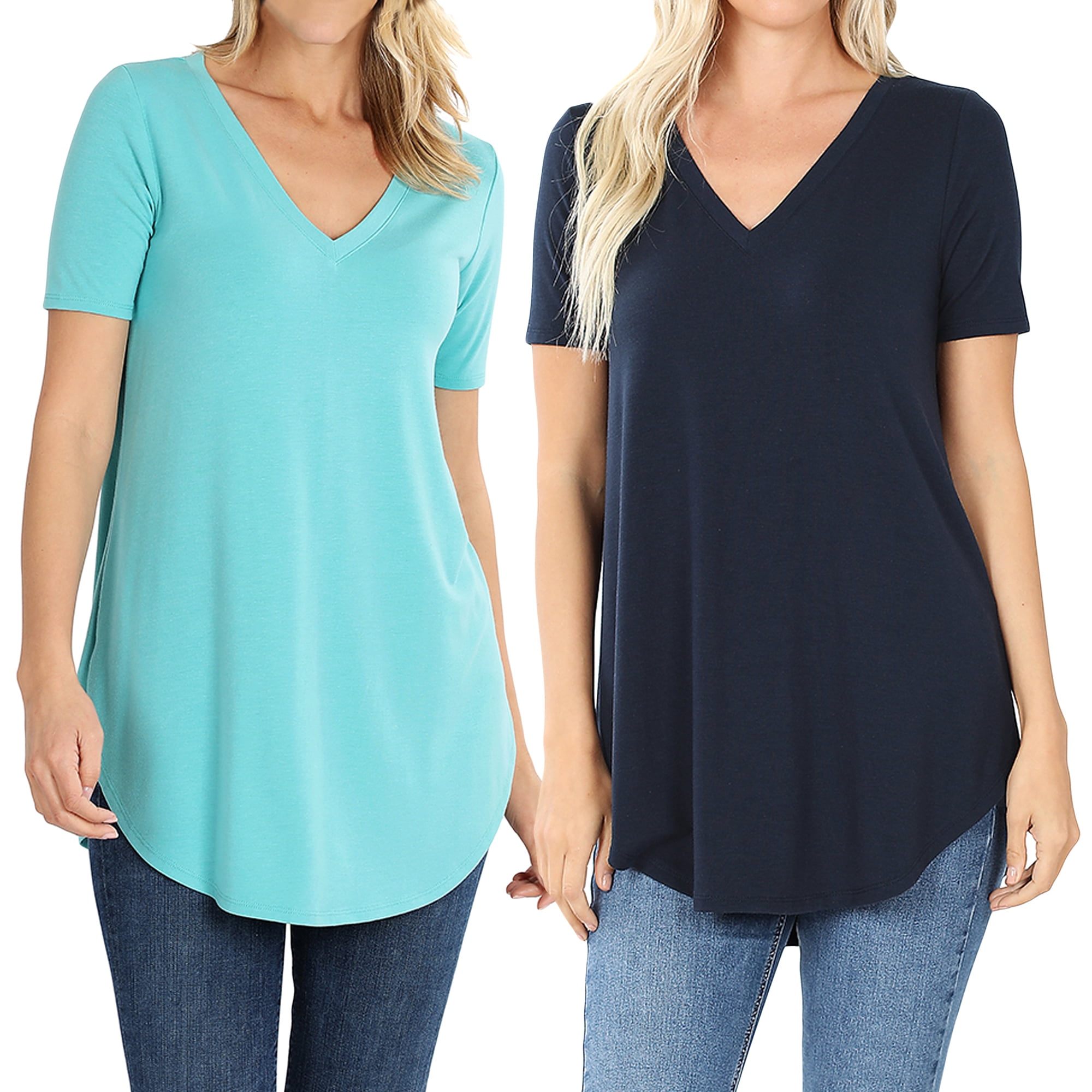 Women Short Sleeve V Neck Round Hem Relaxed Fit Casual Tee Shirt Top