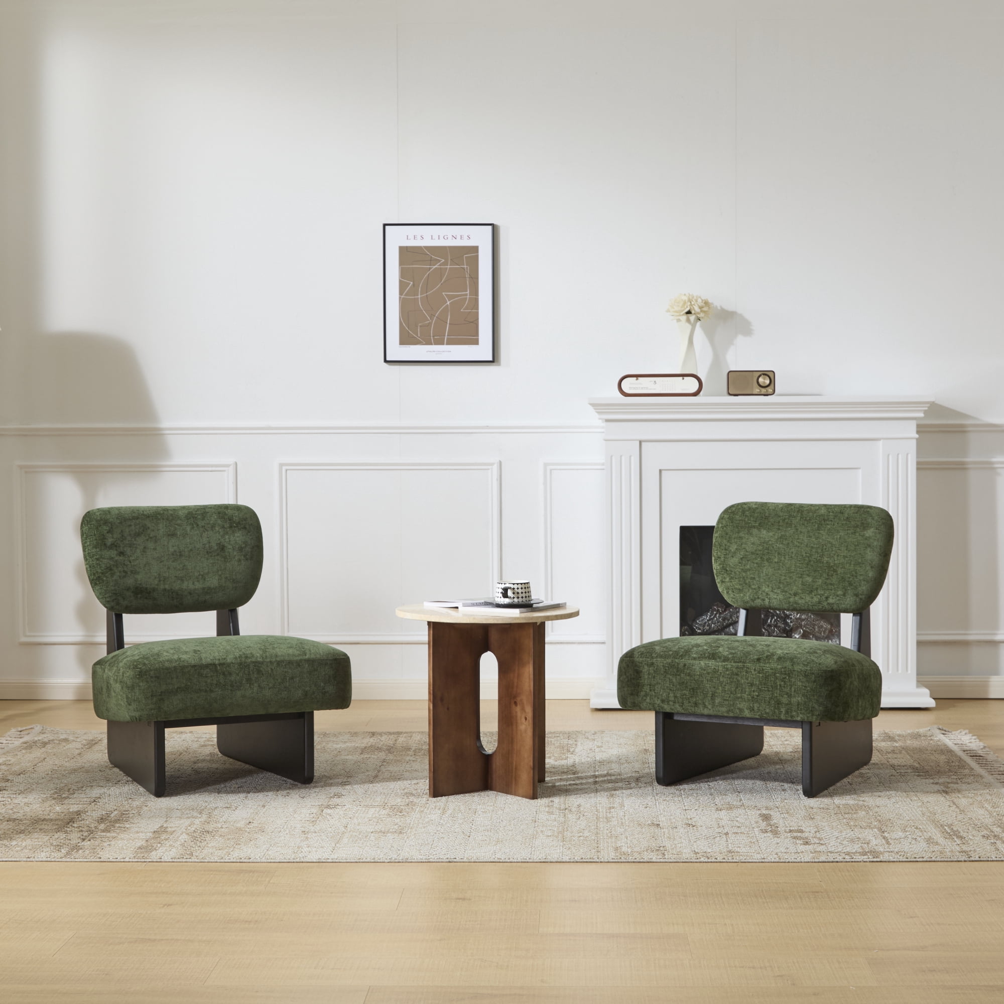 Leumius Set of 2 Modern Lounge Chair with Polyester Upholstery, Sturdy Wood Base With Walnut Finish, Minimalist and Stylish Accent Seating for Living Room Bedroom Office Black+Green