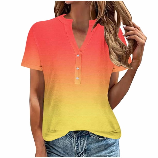Camisetas de Verano para Mujeres Casual Camiseta con Cuello en V Botón Arriba Suelto, Camisetas de Mujer Casual para Primavera Verano