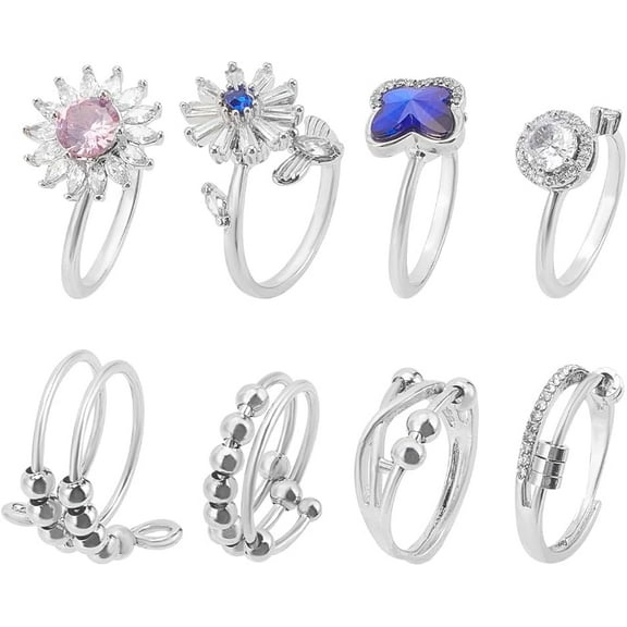 Fidget Anxiety Rings Adjustable Open Rings for Women Spinner Fidget Rings for Anxiety Cubic Zirconia Flower Butterfly Bead Stackable Rings
