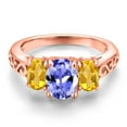 thumbnail image 3 of Gem Stone King 18K Rose Gold Plated Silver Blue Tanzanite and Yellow Citrine Filigree Style 3 Stone Ring for Women (2.06 Cttw, Oval 8X6MM and 6X4MM) (Size 5), 3 of 6