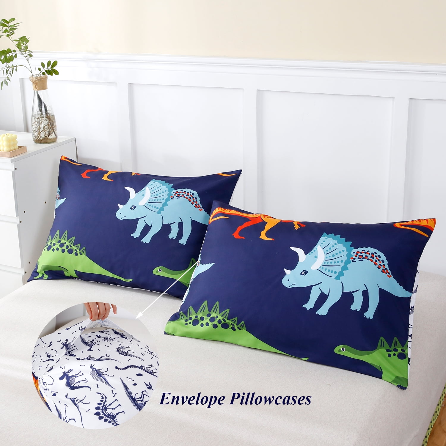 URBONUR 3 Pcs Dinosaur Twin Size Bedding Sets for Boys, Dinosaur Printing Boys Comforter Set, Blue and White Reversible Bed Comforter Set for Kids/Toddlers/Teens