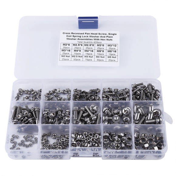 Garosa 400pcs M2 M2.5 M3 M4 M5 Cross Pan Head Screws Nuts And Washer Kit, Pan Head Screw, Cross Pan Head with Washer