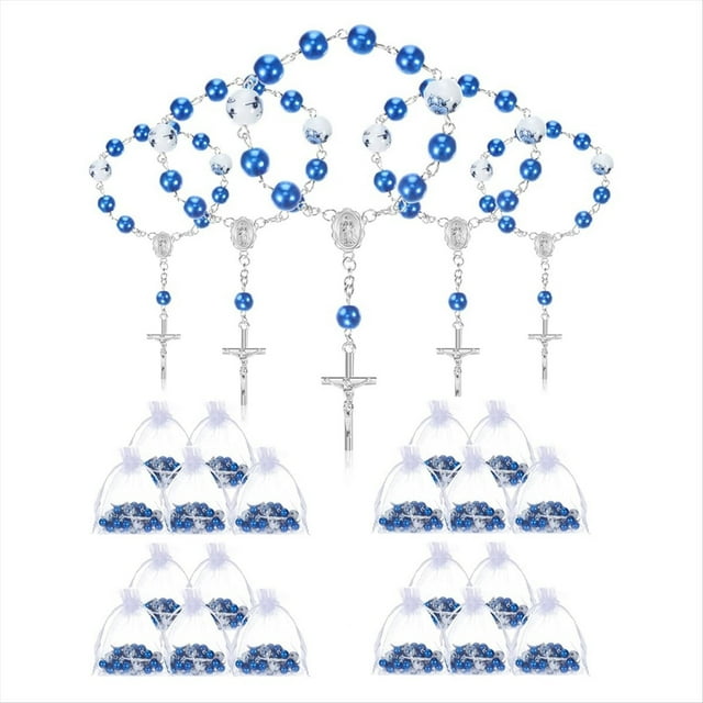 25 Piezas de Rosario de Bautismo Azul, Minirosarios, Rosario Pequeño para Regalos de Fiesta, Rosario de Dedo con Cuentas y 25 Bolsas de Organza
