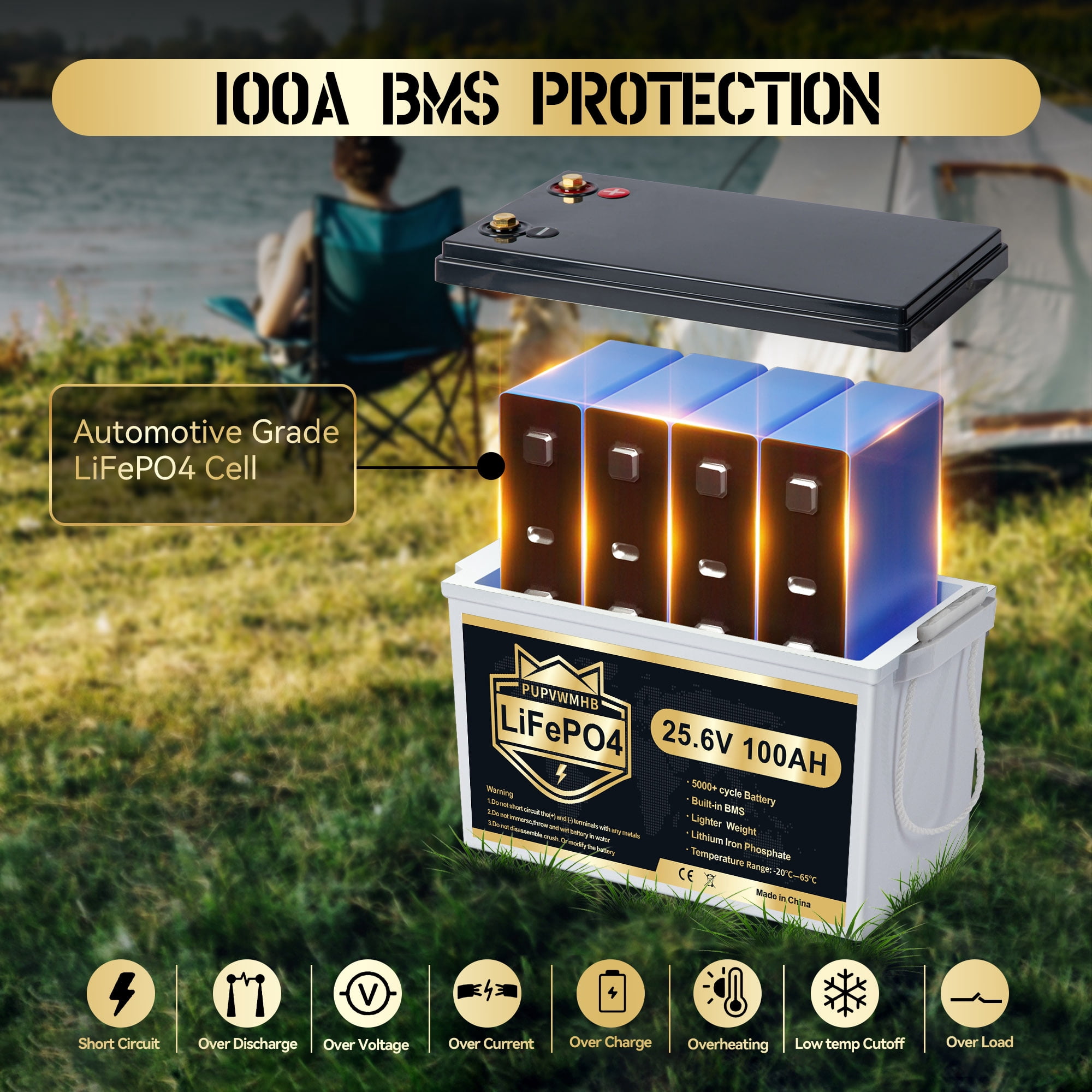 24V 100Ah LiFePO4 Battery, Lithium Battery Built-in 100A BMS, 5000  Cycles Rechargeable Battery, Max. 2560W Load Power, Perfect for RV, Solar, Marine, Overland/Van, Off-Grid
