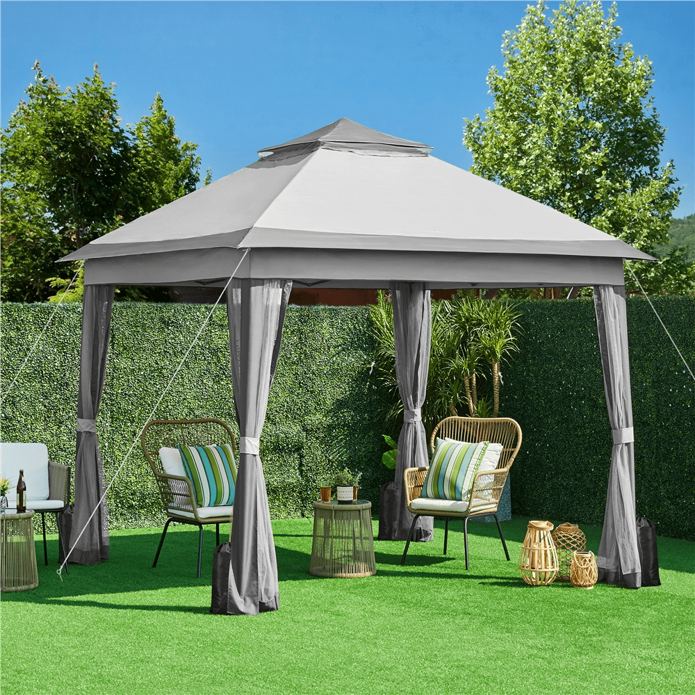 Renwick 11×11 FT Adjustable Outdoor Gazebo Canopy with 4 Mesh Sidewalls, Light Gray/Dark Gray