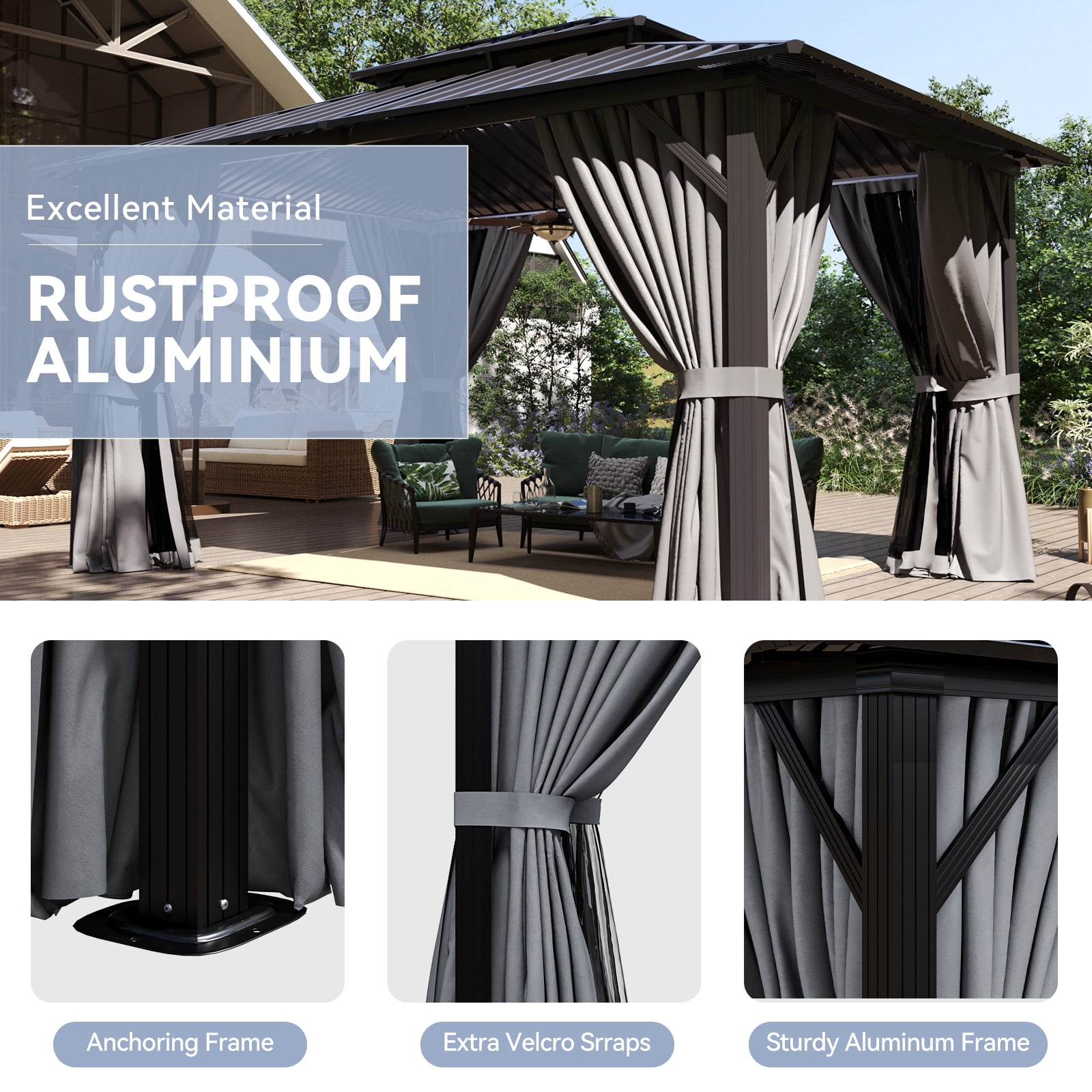 Bapipro 12'x10' Hardtop Gazebo, Aluminum Frame Permanent Pavilion with Curtains and Netting, Outdoor Metal Double Roof Canopy, Designed for Garden, Lawns, Patio, Gray