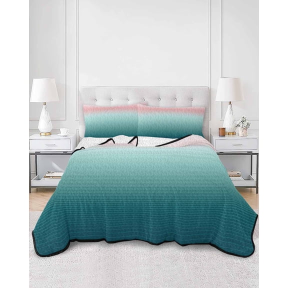 Quilts Twin Size, Pink Turquoise Ombre Soft Comforter Bedding Set for Bed, Teal Modern Geometric Striped Abstract Art Lightweight Quilted Bedspread with Pillow Cover(2 Pieces), 68x86 Inch