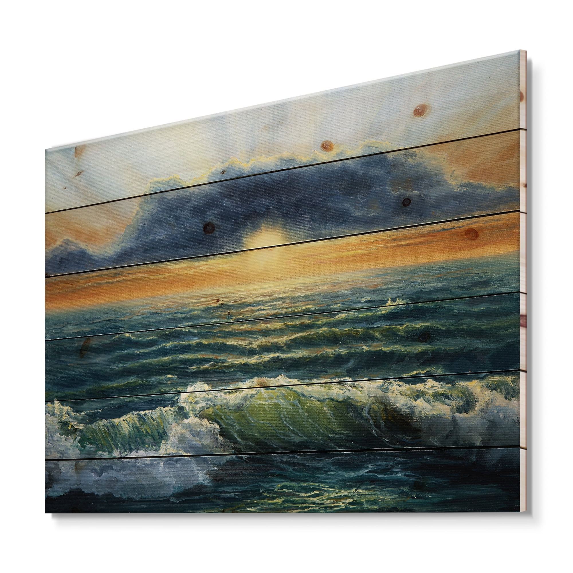Designart 'The Blue Ocean In Sunset Evening I' Nautical & Coastal Print on Natural Pine Wood