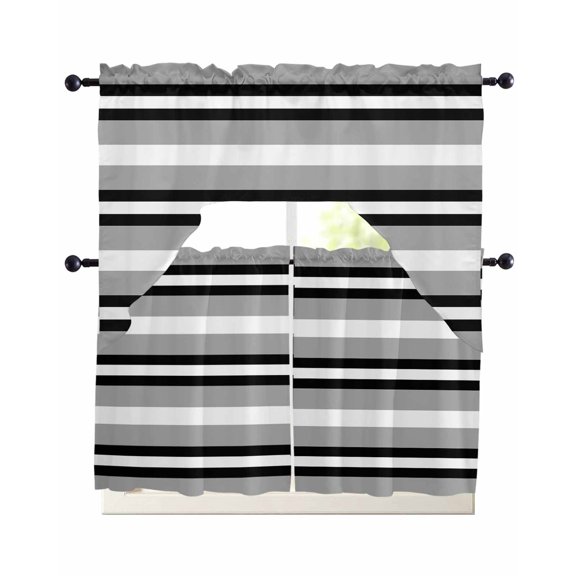 Black Gray Striped Swag Curtains for Living Room/Bedroom Windows, Contemporary Minimalist Lines Art Kitchen Curtains and Valances Set 36 Inch Length, Light Filtering Swags Valance Curtain Panels