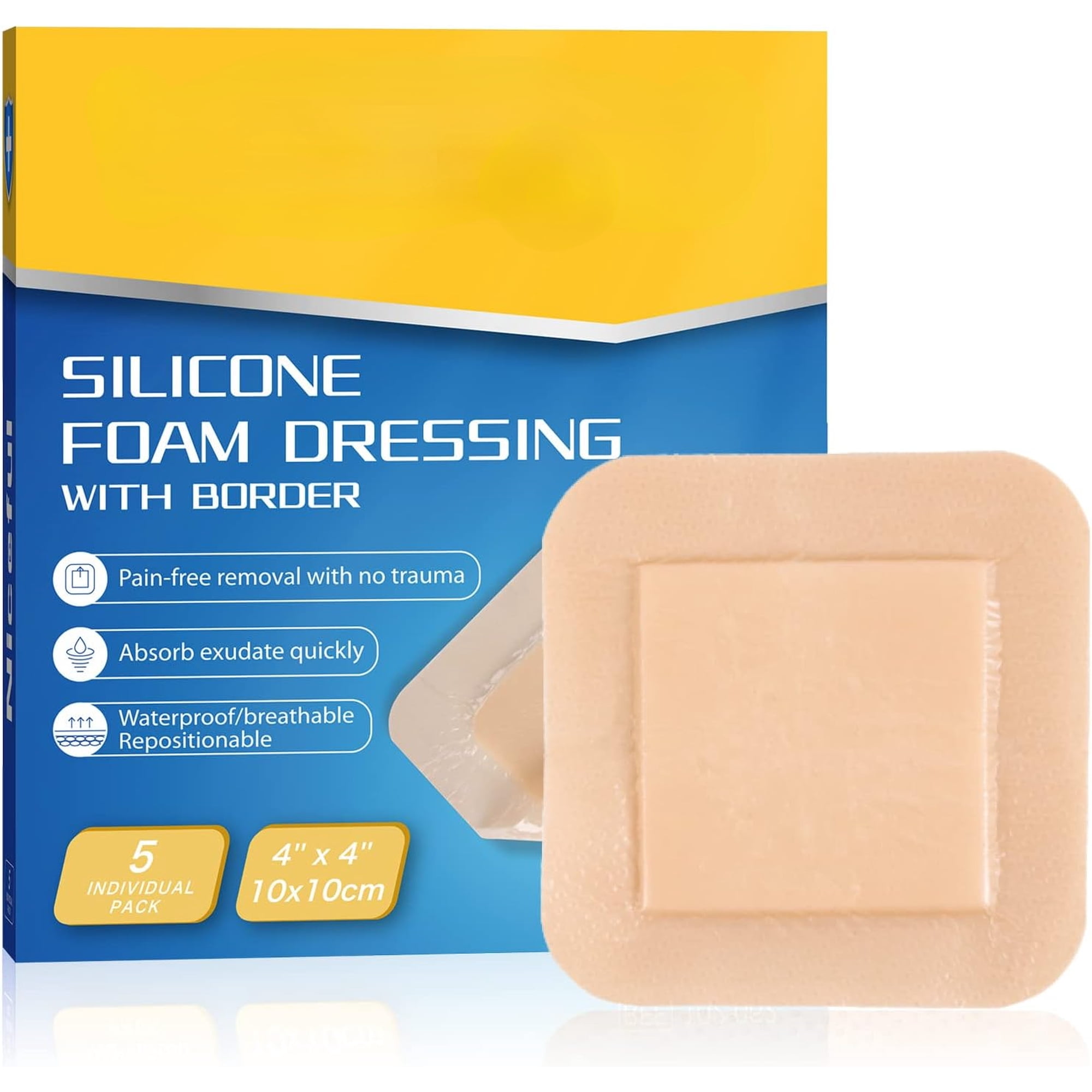 Silicone Foam Dressing 4"x4", Waterproof Silicone Bandages with Border Adhesive, High Absorbency Bed Sore Bandages Wound Care Dressing (2.5"X2.5" Pad), 5 Packs, FSA HSA Eligible