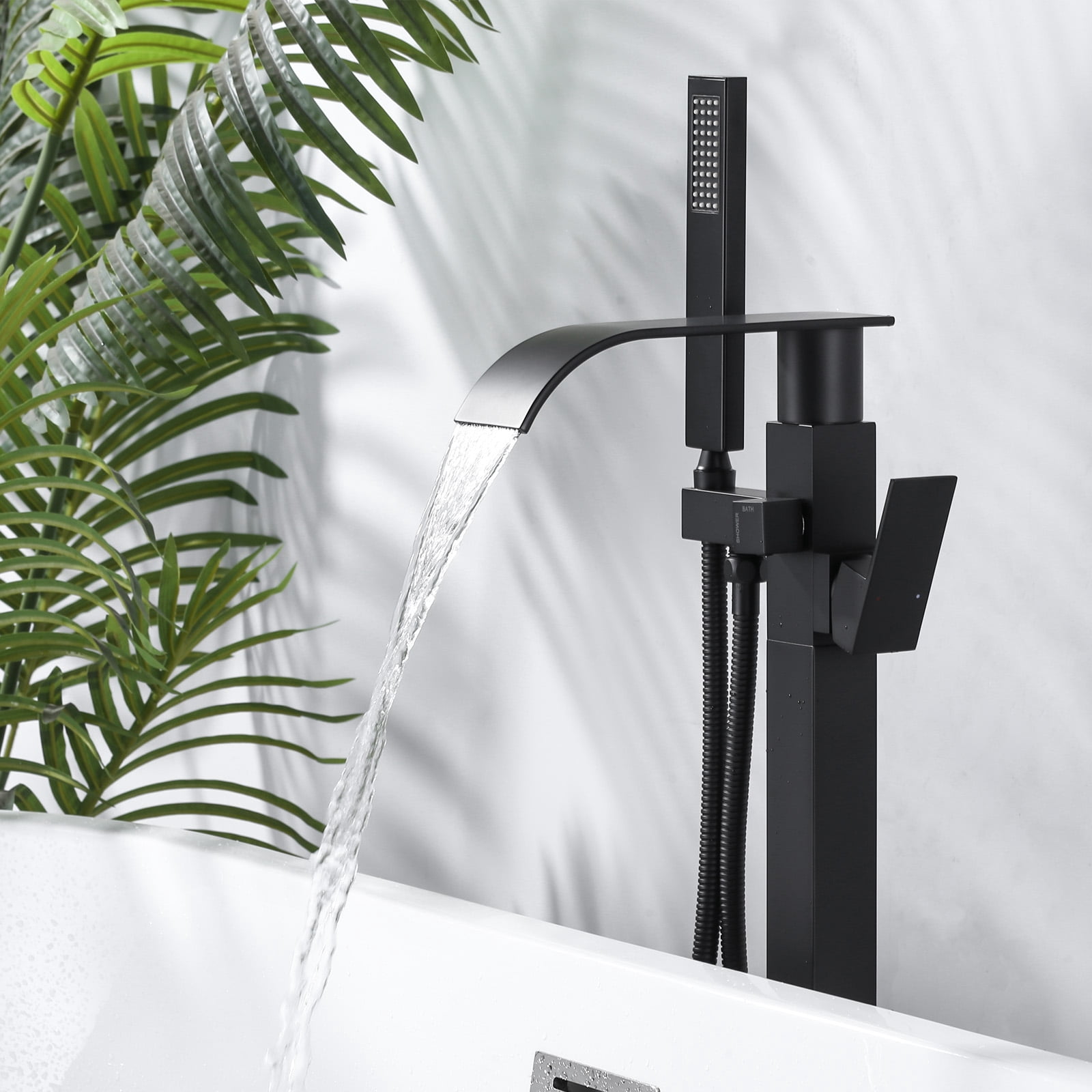 Wowow Brass Waterfall Single-Handle Floor Mount Freestanding Bathtub Faucet with Hand Shower and Supply Line in Matte Black