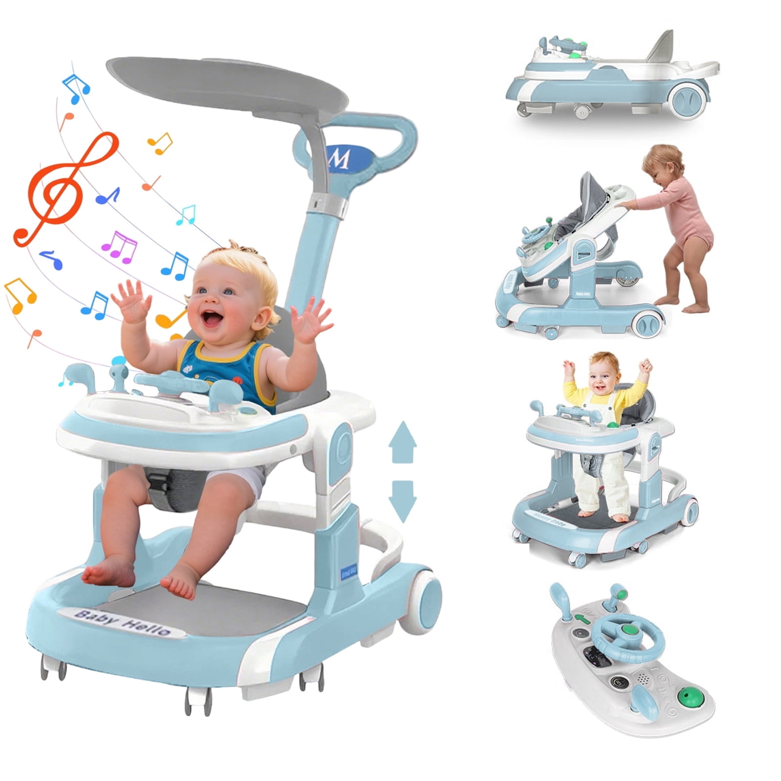 JieC 5-in-1 Foldable Baby Walker for 3 - 24 Months Baby Boys & Girls, with Toys Tray & Foot Pads/Handles，Blue