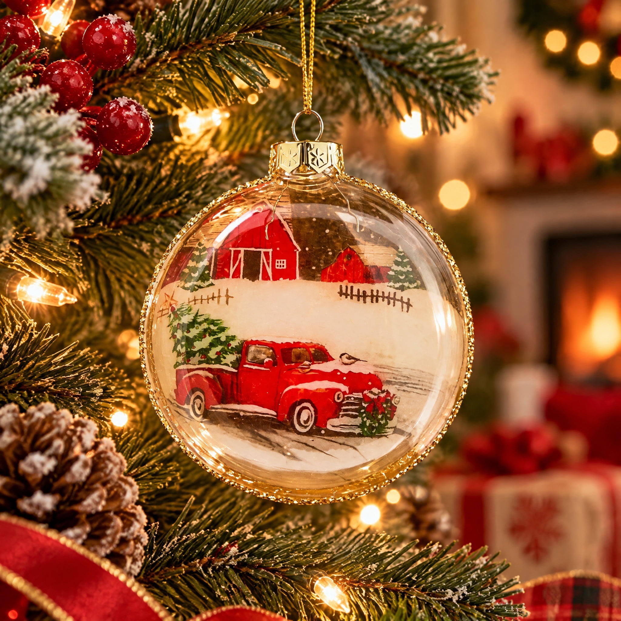 Red Truck Farm Scene Ball Christmas Ornament, 4", by Holiday Time