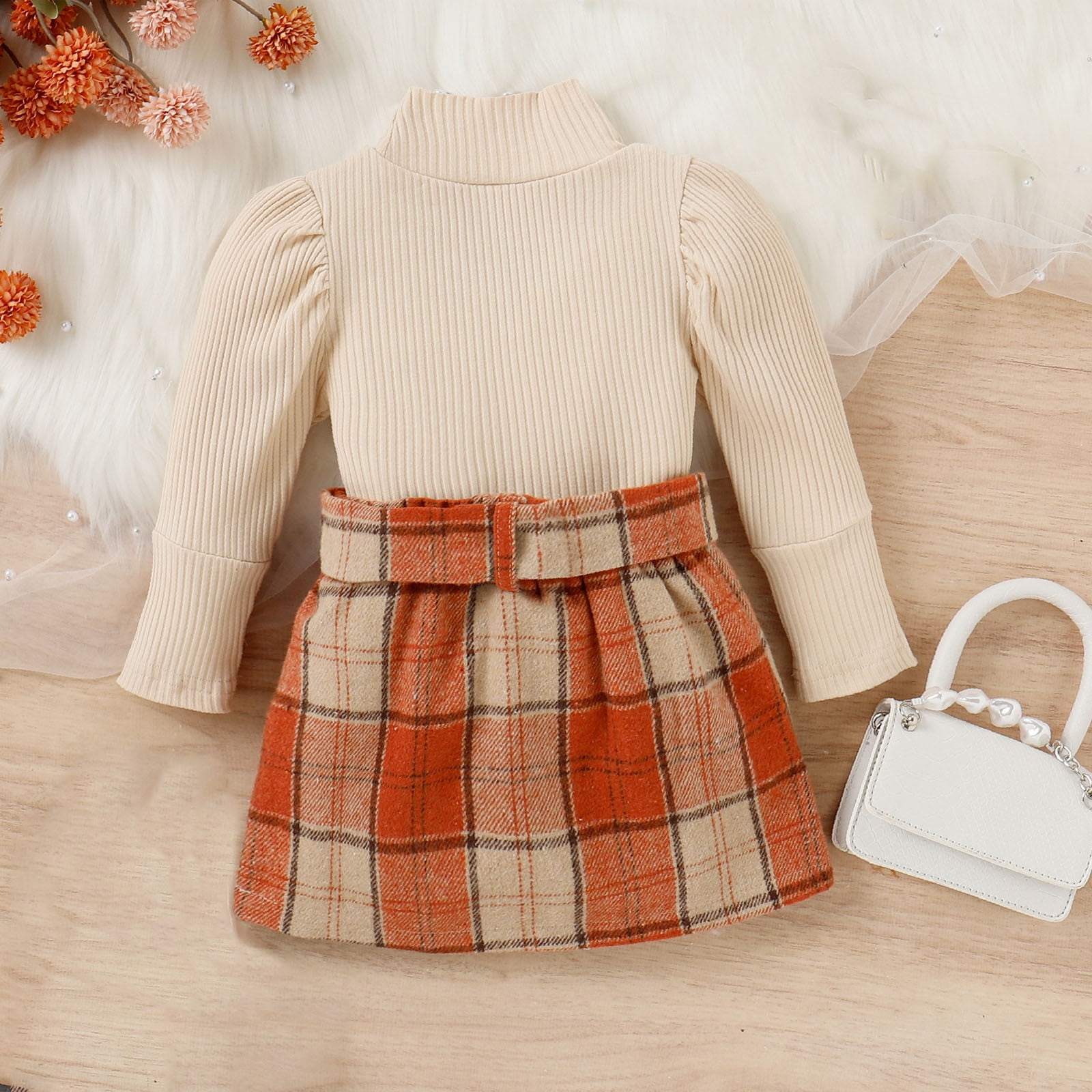 Daqian Baby Clothes for Girls Knit Bubble Sleeve Long Sleeve Top + Plaid Skirt Set Suitable for 6 Months-3 Years Old Girls Clothes Sets Orange 3-4 Years
