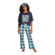 Justice Girls Short Sleeve Top and Long Pant Pajama Set with Sleep Mask, 2-piece Set, Sizes 5-18 and Plus