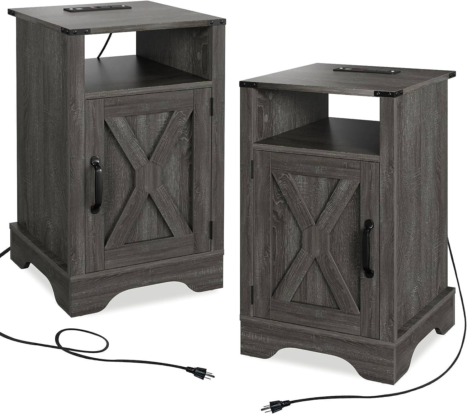 RoyalCraft Farmhouse Nightstand Set of 2, Wooden Rustic End Table with Charging Station, Storage Cabinets, Dark Grey