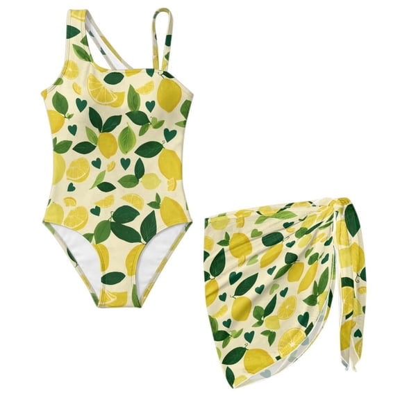 Xoenoiee Lemon Leaves Print Girls Swimsuit with Adjustable Straps Cut Out One Piece Bathing Suit with Cover Up Skirt, Comfortable Swimwear for Kids Teens, Size 7-8 Years