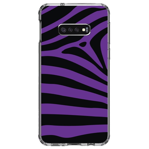 DistinctInk Clear Shockproof Hybrid Case for Samsung Galaxy S10e (5.8" Screen) - TPU Bumper, Acrylic Back, Tempered Glass Screen Protector - Black Purple Zebra Skin Stripes