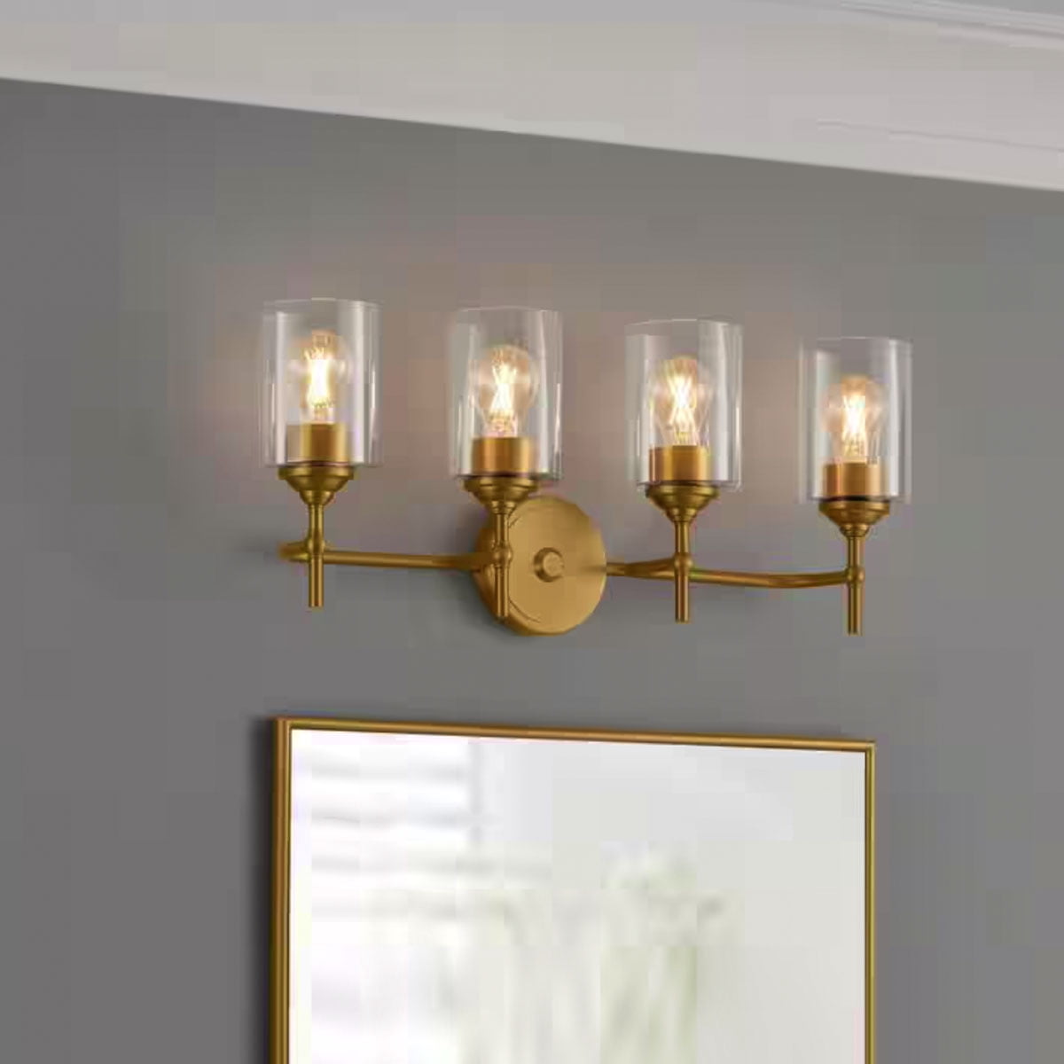 Ceybo 4-Light Bathroom Vanity Light Fixture, Brushed Matte Brass Wall Sconce Over Mirror, Modern Gold Linear Lighting with Clear Glass Shades