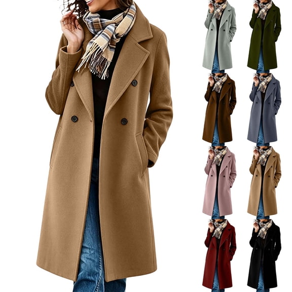 Ihhxva Coat for Women Double Breasted Overcoat Women's Long with Pockets and Lapel Collar Solid Color Office Commute Casual Outings S-2XL