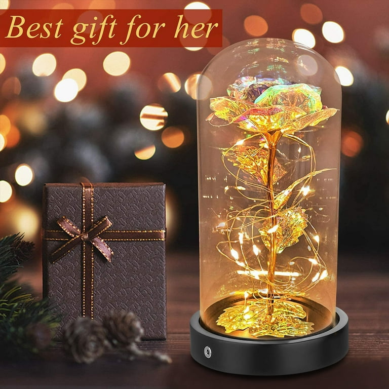 Rosnek Artificial Forever Rose Flower & Gift Dome Galaxy USB String LED Powered Light with Glass In On Wooden Base, Rose Decorative Battery Night Light
