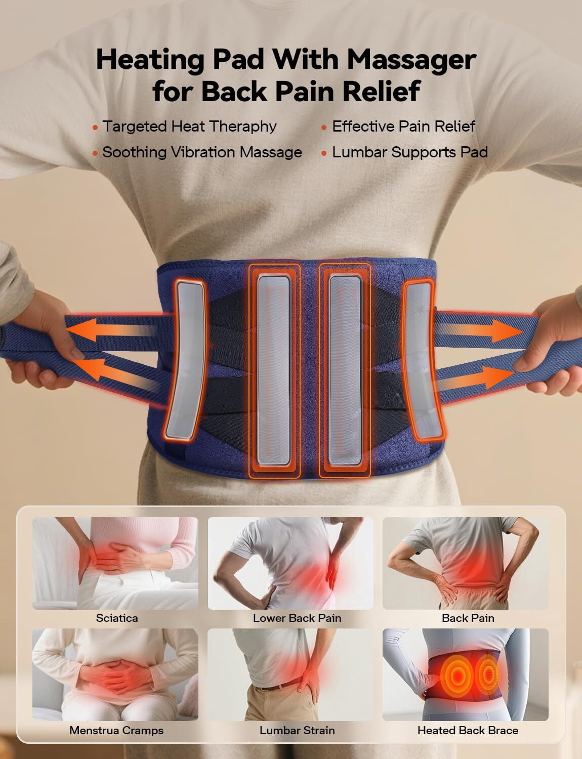 BURRKI Cordless Heating Pad for Back Pain Relief, 47-60" Lower Back Massager with 3 Heat & 3 Timer & 5 Vibration, Heated Back Lumbar Support Belt for Cramps, Gift for Men & Women