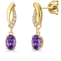Gem Stone King 10K Yellow Gold Purple Amethyst and Lab Grown Diamond Stud Dangle Earrings for Women | 0.95 Cttw | Gemstone February Birthstone | Oval 6X4MM