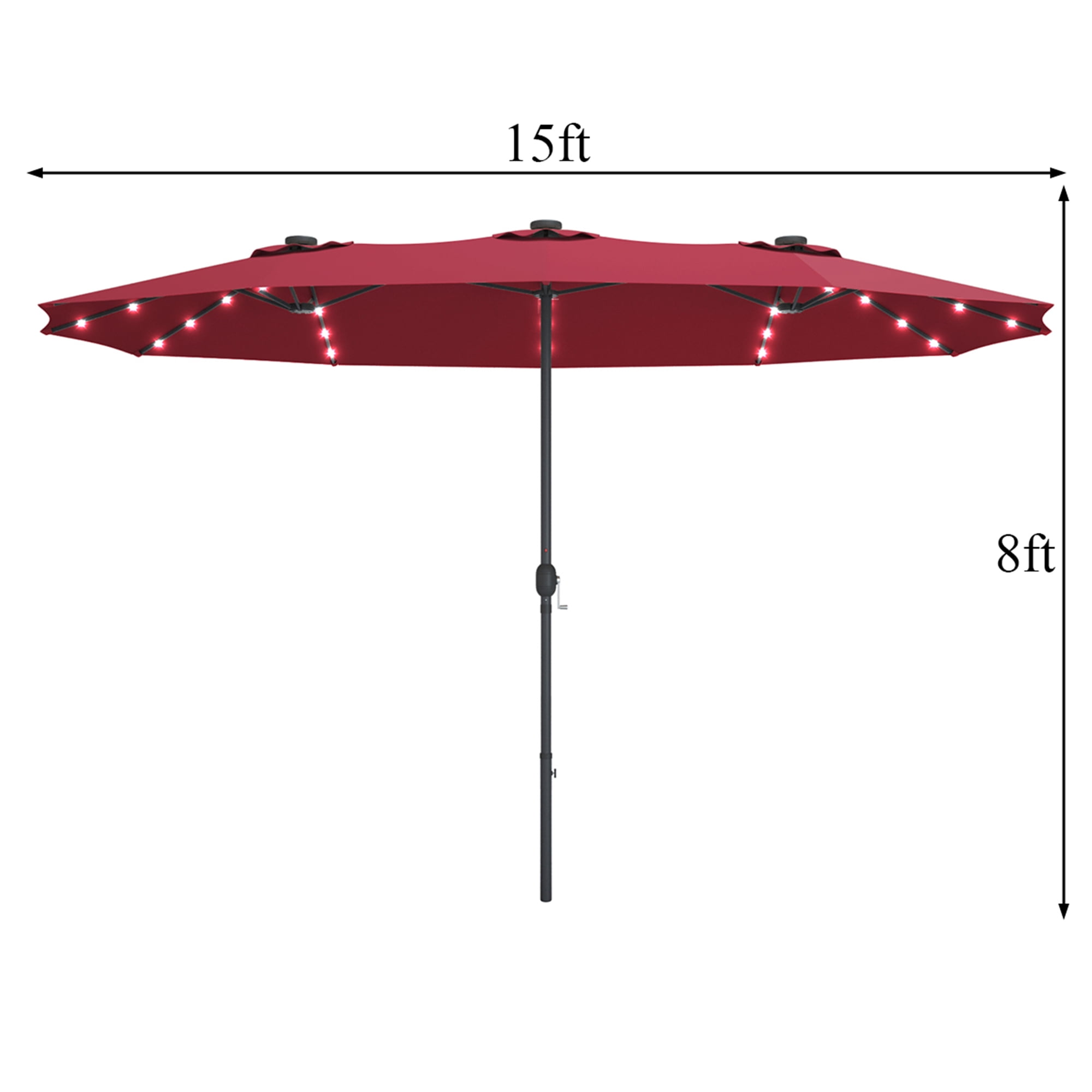 Gymax 15Ft Solar LED Patio Outdoor Double-Sided Umbrella w/ 36 Lights Crank Burgundy