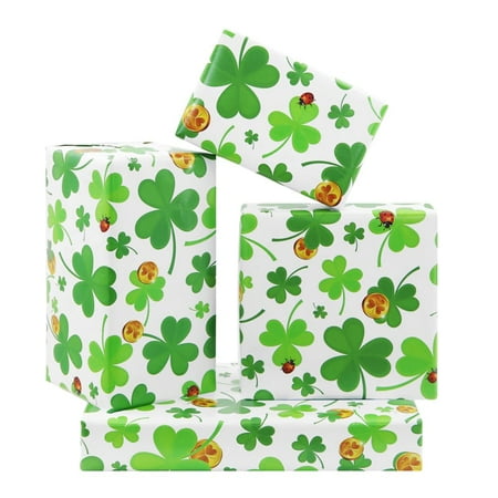 Green Clover Wrapping PresNok Paper With Gold Coin Ladybug On White Paper, 4 Sheets Gift Wrap Paper Folded Flat 20x28 Inches Per Sheet for St. Patrick's Day, Wedding, Birthday, Bridal Showers