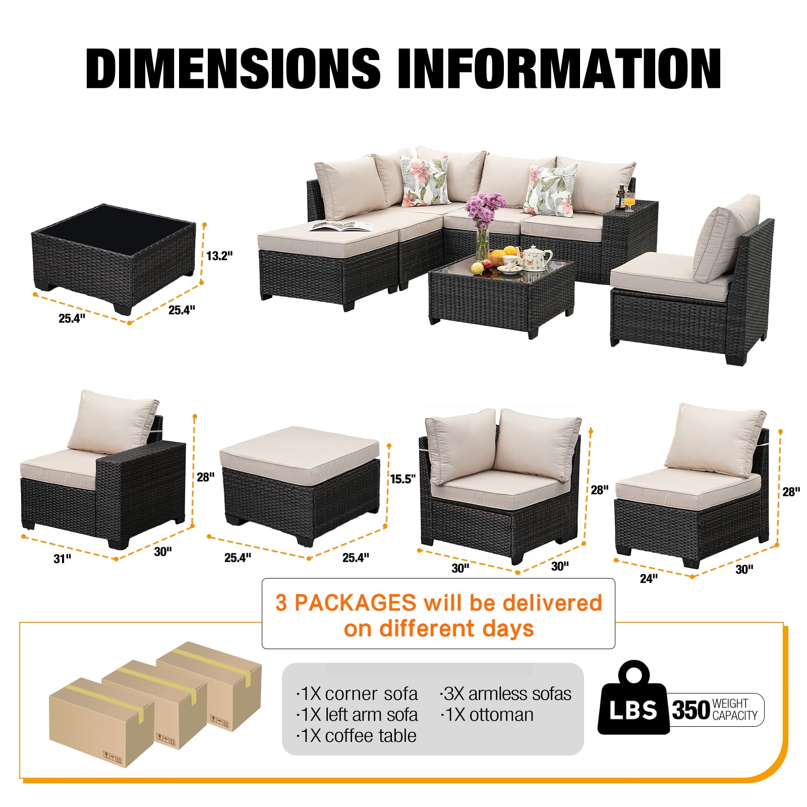 JOYURE 7 Pieces Patio Furniture set All-Weather Outdoor Wicker Sectional Conversation Sofa Rattan patio seating sofa with cushion and Glass Table and Ottoman for Porch Poolside,Beige